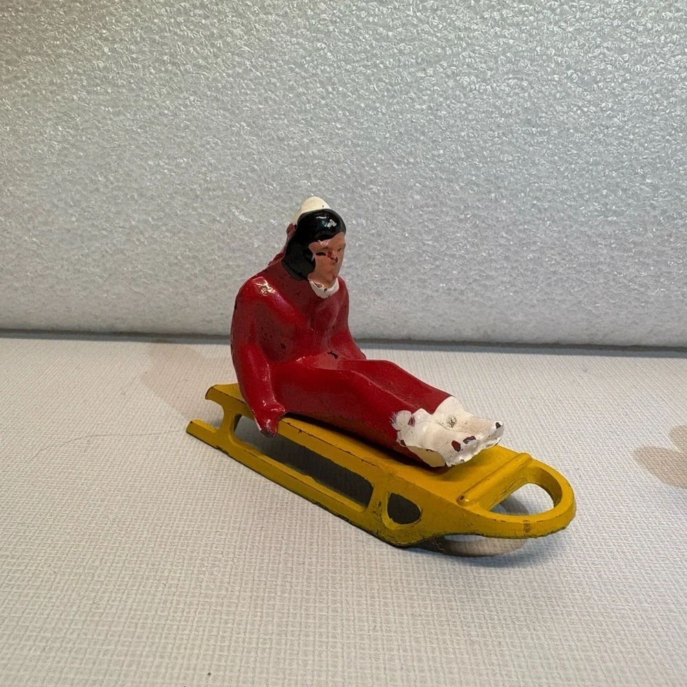 2 Vintage Barclay Sledding Sledders Figurines Christmas Winter Village Decor